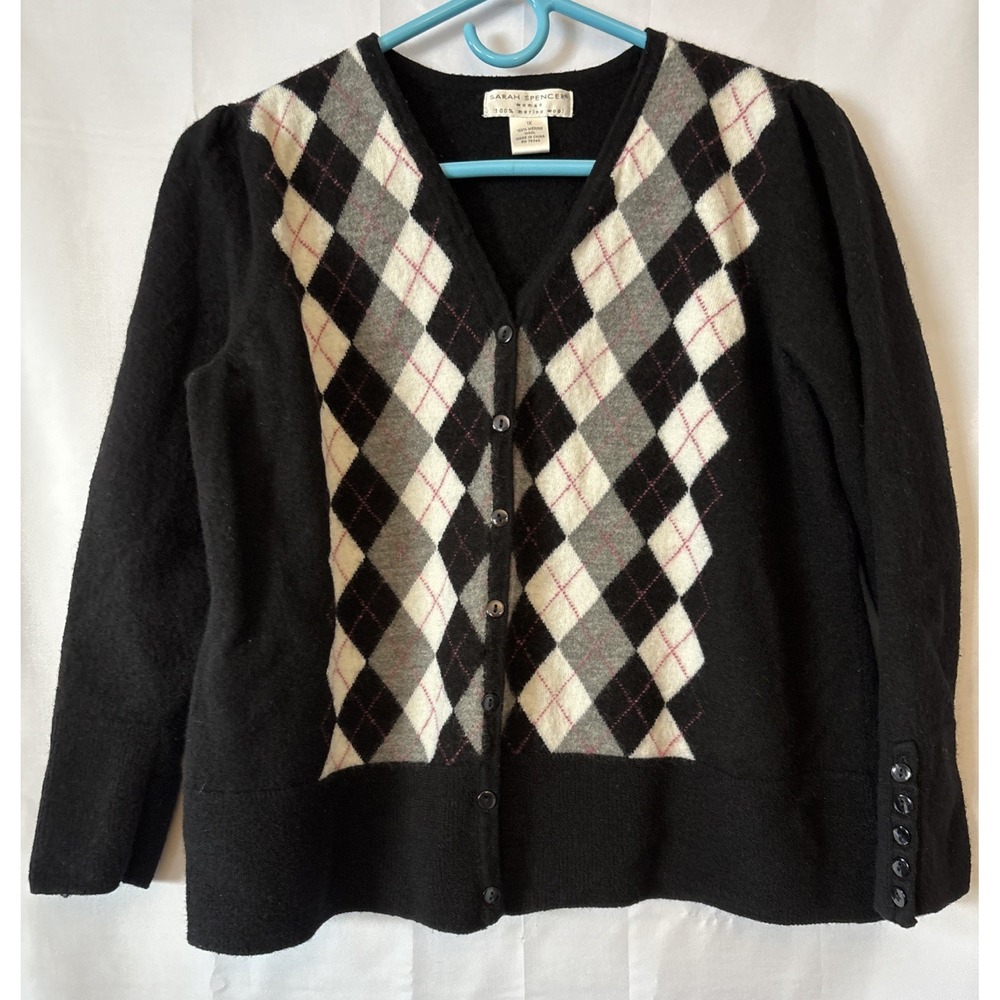 Sarah Spencer Sweater Womens XL Black Cardigan Argyle Italian Merino Wool Button
